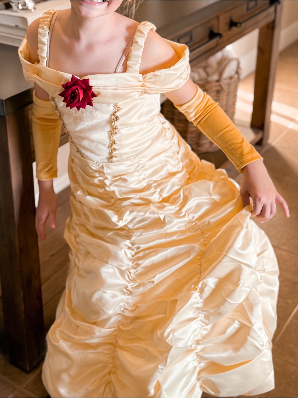 Kids Belle-Inspired Gold Princess Costume with Rose Accent by Trish Scully Size